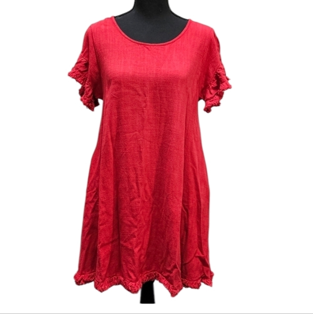 Umgee A-Line Mini Raw Edge Hem Red Dress 55% Linen 45% Cotton Size S